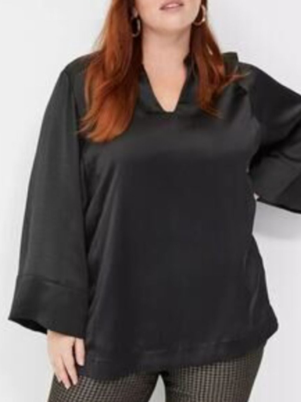 Bell Sleeve Popover Silk Shirt in Black by Lane Bryant